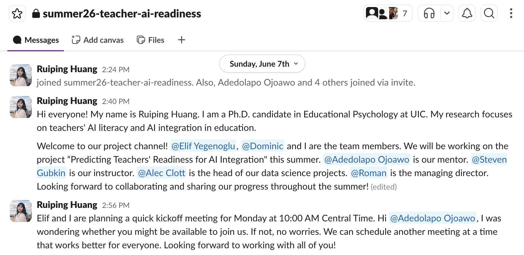 Slack screenshot of the Erdos project kickoff